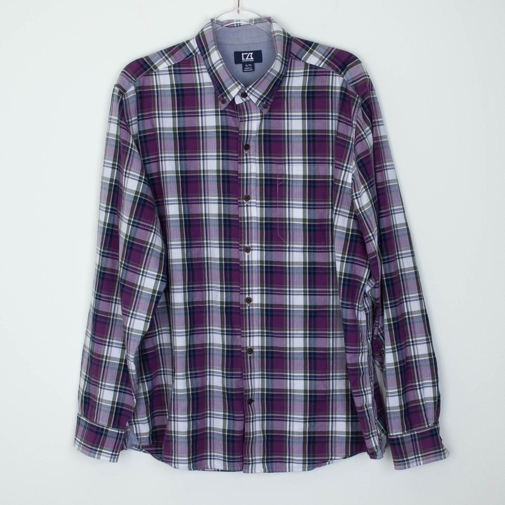 Cutter Buck Mens Button Down Plaid Shirt Size XL Purple Long Sleeve Office Work